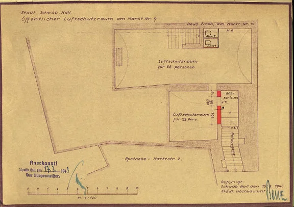Grundriss der zu Luftschutzkellern umzubauenden unteren Keller mit Angaben zur maximalen Belegung, 1943. Eingebaut wurden Aborte und eine Gasschleuse (Stadt Schwäbisch Hall, Baurechtsamt, Bauakten Am Markt 9)