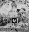Das Riedener Tor auf einer durch den Ratsherrn J. A. Franck gestifteten Schützenscheibe von 1749 (Mehl/Flamm Nr. 12).