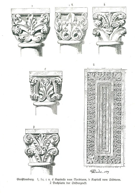 Kapitelle des Nordturms (1a, c-d) ein Kapitell des Südturms (1b) und die Deckplatte der Stiftergruft (2), aus: Eugen Gradmann (Hrsg.): Die Kunst- und Altertums-Denkmale der Stadt und des Oberamtes Schwäbisch-Hall, Esslingen 1907, nach S. 128