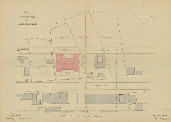 Lageplan für den Neubau des Schulhauses, 1880 (Stadt Schwäb. Hall, Baurechtsamt, Bauakten Lange Straße 10)