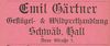 Anzeige der im Haus ansässigen „Geflügel- & Wiltprethandlung“ Gärtner von 1901, aus: W. Burkhardt (Bearb.): Adreß- und Geschäfts-Handbuch der Oberamtsstadt Schwäbisch Hall, Schwäbisch Hall 1901, Inseratenanhang, S. 32 (StadtA Schwäb. Hall Bibl. 2947)