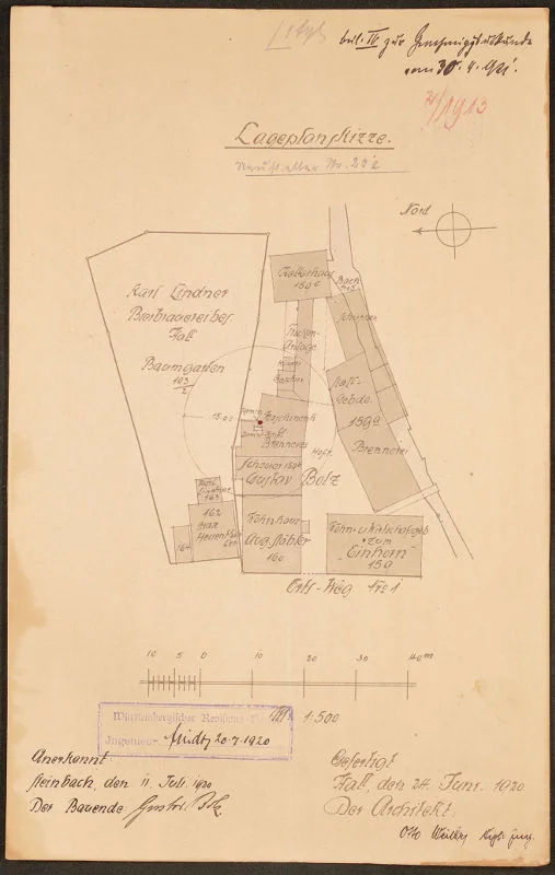 Der Lageplan zum Bau eines Kamins auf dem Nebengebäude hinter dem heutigen Haus Nr. 22 von 1920 zeigt das Ausmaß der Hinter- und Nebengebäude der Einhornwirtschaft (Stadt Schwäb. Hall, Baurechtsamt, Bauakten Neustetterstraße 20)