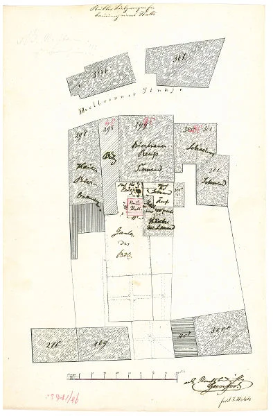 Lageplan zum Bau eines kleinen (rot eingezeichneten)Viehstalls im Garten hinter dem Haus, 1863 (Baurechtsamt Schwäb. Hall, Bauakten)
