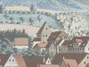 Ausschnitt aus einer Gouache von C. Gebriel mit einer Ansicht von Comburg und Steinbach zwischen 1809 und 1814. Das Dach des Torturms scheint hier etwas zu spitz und hoch geraten zu sein (StadtA Schwäb. Hall S10/811)