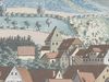 Ausschnitt aus einer Gouache von C. Gebriel mit einer Ansicht von Comburg und Steinbach zwischen 1809 und 1814. Bei dem heutigen Haus Im Stöckle 12 handelt es sich um das erste Haus unmittelbar rechts des (etwas zu groß dargestellten) Comburger Tors bzw. Kanzlistenturms in der Bildmitte. Die Darstellung weist auf eine Verbretterung des Giebels (StadtA Schwäb. Hall S10/811)