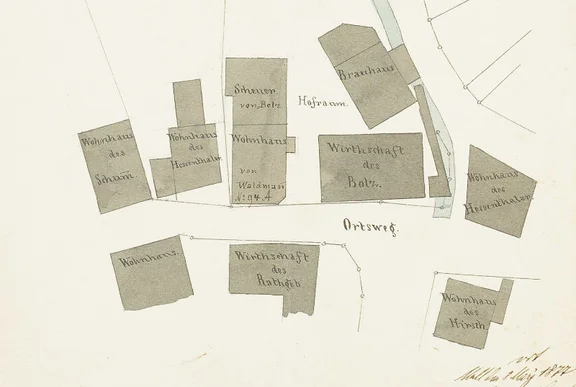 Lageplan zu einem Umbau an der Gastwirtschaft „Zum Einhorn“ (heute Neustetterstraße 20); das Haus Nr. 28 ist das erste von links in der oberen Reihe wird als „Wohnhaus des Schumm“ bezeichnet (Stadt Schwäb. Hall, Baurechtsamt, Bauakten Neustetterstraße 20)
