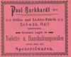 Anzeige von 1901 aus: W. Burkhardt (Bearb.): Adreß- und Geschäfts-Handbuch der Oberamtsstadt Schwäbisch Hall, Schwäbisch Hall 1901, Inseratenanhang, S. 5 (StadtA Schwäb. Hall Bibl. 2947)