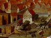 Ausschnitt aus der Stadtansicht von Hans Schreyer im Haalamt, 1643. Das „Unterwöhrdbad“ ist hier als Fachwerkbau mit steinernem Untergeschoss dargestellt, davor Festzug der Salzsiederburschen. Foto: Jürgen Weller (StadtA Schwäb. Hall DIG 01710)