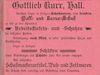Anzeige des im Haus ansässigen Schuhgeschäfts von 1901 aus: W. Burkhardt (Bearb.): Adreß- und Geschäfts-Handbuch der Oberamtsstadt Schwäbisch Hall, Schwäbisch Hall 1901, Inseratenanhang, S. 15 (StadtA Schwäb. Hall Bibl. 2947)