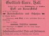 Anzeige des im Haus ansässigen Schuhgeschäfts von 1901 aus: W. Burkhardt (Bearb.): Adreß- und Geschäfts-Handbuch der Oberamtsstadt Schwäbisch Hall, Schwäbisch Hall 1901, Inseratenanhang, S. 15 (StadtA Schwäb. Hall Bibl. 2947)