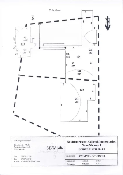 Plan der Keller unter den Häusern Hafenmarkt 4 (oben) und Neue Straße 1 (unten). Plan: Michael Weihs / Christian Schaetz (StadtA SHA S26/0191)