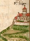 Ausschnitt aus einer Ansicht der Comburg in einer anderen illustrierten Haller Chronikhandschrift, kolorierte Federzeichnung um 1600 (StadtA Schwäb. Hall HV HS 74, Bl. 107v)