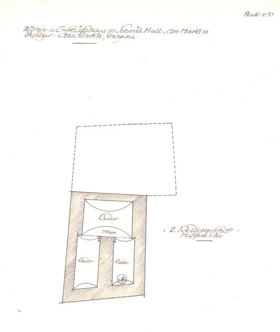 Umbauplanungen von 1967, Grundriss des unteren Kellers (Stadt Schwäbisch Hall, Baurechtsamt, Bauakten Am Markt 10)