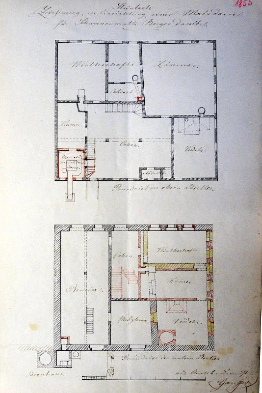 Plan zu einem Baugesuch des Schwanenwirts Anton Berger zur Einrichtung von Gasträumen im Erdgeschoss von 1855. Plan im Baurechtsamt Schwäbisch Hall (StadtA Schwäb. Hall DIG 11547)