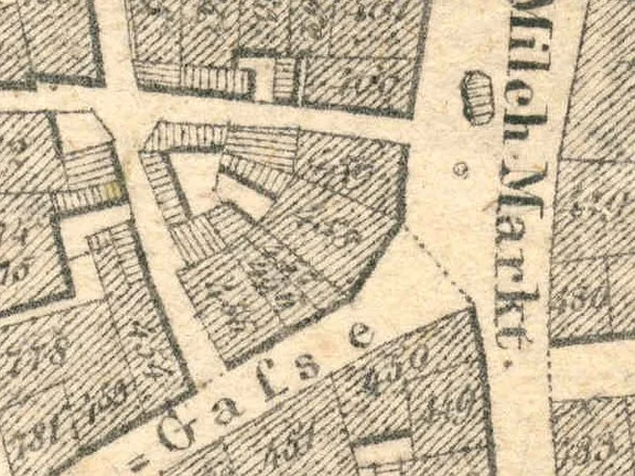 Ausschnitt aus dem Primärkataster  von 1827.  Das Anwesen hat die Nummer 458 (StadtA SHA S13/0583)