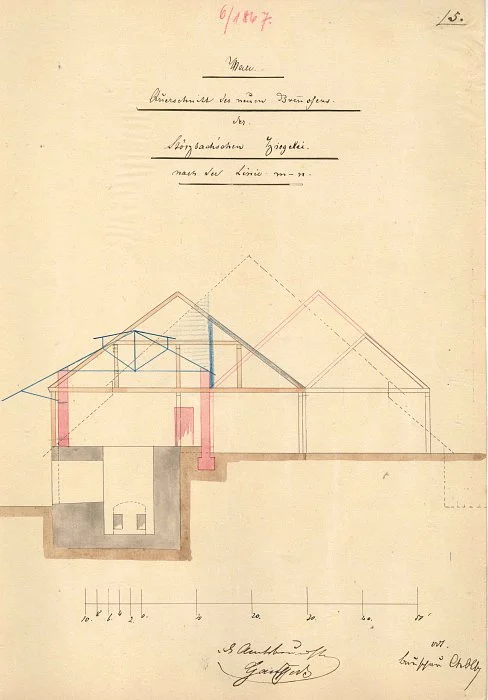 Querschnitt  der Ziegelei zum Neubau eines Kalk- und Ziegelofens, 1867 (Baurechtsamt SHA, Bauakten)