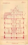 Querschnitt aus den Plänen zum Neubau des Hauses, 1907. In den beiden oberen Stockwerken befanden sich Dienstwohnungen für den Oberamtspfleger und den Sparkassenkassier (StadtA Schwäb. Hall 27/0527).