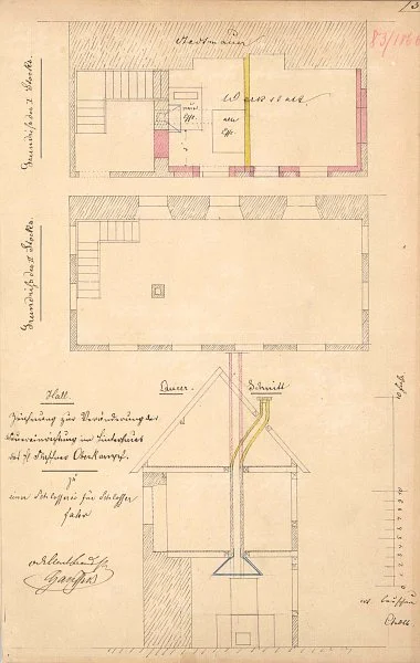 Grundrisse und Schnitt zum Umbau des Hinterhauses, 1866. Die Esse der geplanten  Schlosserwerkstatt ist gut zu erkennen (Baurechtsamt SHA, Bauakten)