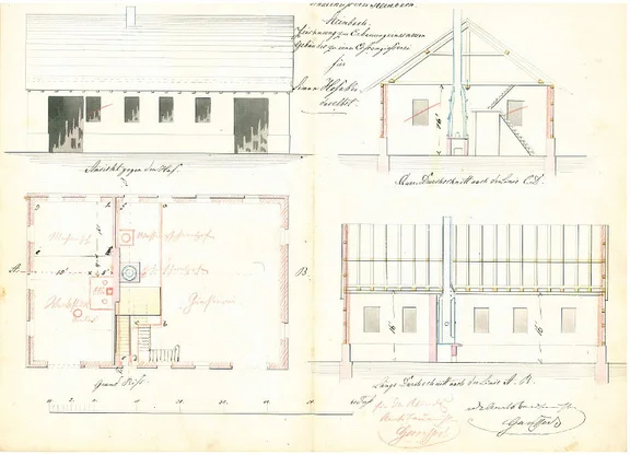 Grundriss, Schnitte und Ansicht der neu zu erbauenden Eisengießerei, 1862. Aus diesem Kleinbetrieb entwickelte sich die Firma Kade (StadtA Schwäb. Hall 27/538)