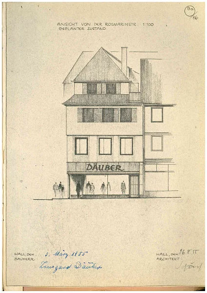 Ansicht der Fassade zur Rosmarinstraße für den Umbau von 1955, geplanter Zustand. Original: Privatbesitz (StadtA Schwäb. Hall DIG 10646)