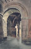 Vorhalle mit Engel. Kolorierte Ansichtskarte um 1900 (StadtA Schwäb. Hall Seyboth PK 0087)