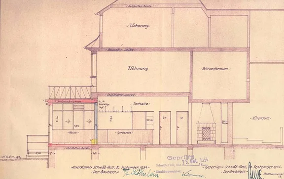 Teilweiser Längsschnitt durch das Kino, 1954 (Baurechtsamt SHA, Bauakten)
