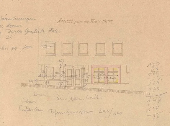 Ansicht der Fassade zum Unbau der Werkstatt im Erdgeschoss, 1921 (Baurechtsamt Schwäb. Hall, Bauakten)