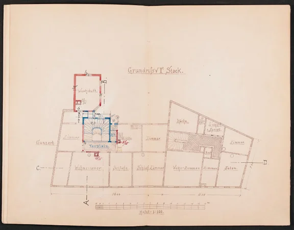 Erster Stock der Gebäude Neue Straße 10 und 12 mit den damaligen Nutzungen bzw. geplanten Umbauten, 1897 (Stadt Schwäbisch Hall, Baurechtsamt, Bauakten Neue Straße 10)
