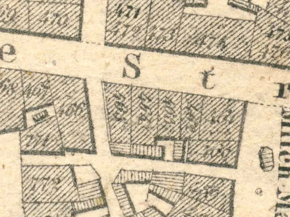 Ausschnitt aus dem Primärkataster von 1827. Das Haus hat die Nummer 464 (Mitte) (S13/0583)