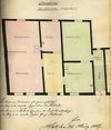 Grundriss des ''Ersten Stocks'' (= Erdgeschosses) für einen Teilungsplan zwischen den Hausbesitzern Johann Georg Igginger (rosa) und Georg Pröllochs (grün), 1887 (gemeinschaftlicher Besitz: gelb) (StadtA SHA 19/1060, Beil. 24)