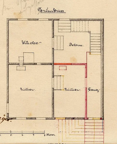 Grundriss des Erdgeschosses mit eingezeichneten Umbauten, 1878 (Baurechtsamt Schwäb. Hall, Bauakten)