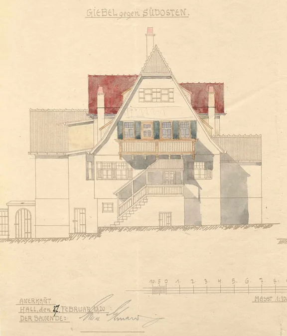 Plan des Südostgiebels zum Umbau des Dachgeschosses, 1920 (Baurechtsamt SHA, Bauakten).