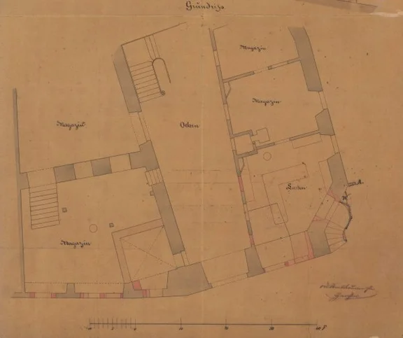 Grundriss zu den Umbauten im Erdgeschoss, 1867 (Baurechtsamt Schwäbisch Hall, Bauakten Am Markt 2)