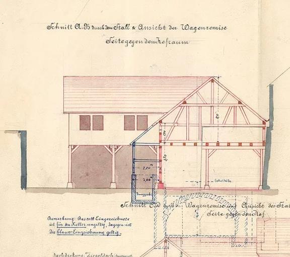Erweiterung des Hauses 1880: Schnitt durch das Nebengebäude. Der Keller scheint bereits vorhanden gewesen zu sein (Baurechtsamt SHA, Bauakten Bahnhofstraße 12)
