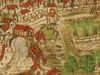 Ausschnitt aus einer Stadtansicht in der „Dötschmann-Chronik“, kolorierte Federzeichnung, ebenfalls um 1600. Die Darstellung ähnelt der Abbildung zuvor, das Badhaus scheint jedoch halb über den Kocher gebaut (StadtA Schwäb. Hall S09/6, Bl. 3r)