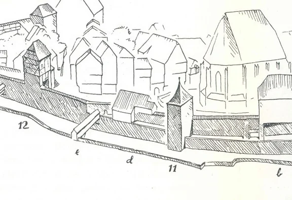 Rekonstruktion der Stadtbefestigungen am Kurzen Graben hinter der Michaelskirche mit dem auf die Stadtmauer gebauten Bäcker Lay'schen Haus (ehem. Gastwirtschaft zur Rose) (d) und dem in den Graben vorspringenden Deckenturm (11). Aus: Eduard Krüger: Die Stadtbefestigungen von Schwäbisch Hall, Schwäbisch Hall 1966, S. 54 angeb.