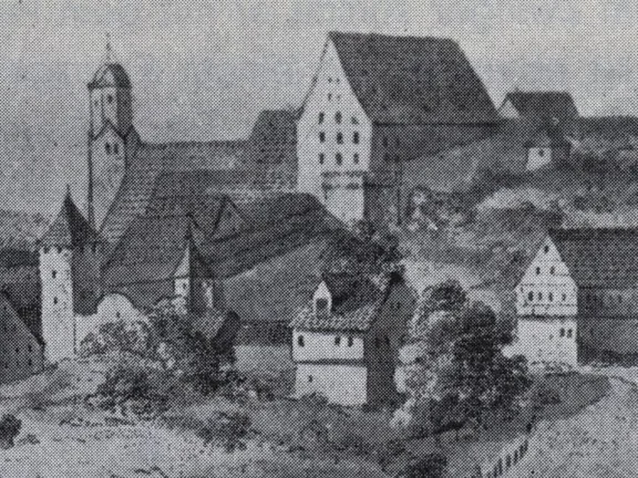 Blick auf die Stadtbefestigungen am Schiedgraben mit dem Neubau. Stich von August Bayer, Heilbronn, 1798. Aus: Eduard Krüger: Die Stadtbefestigungen von Schwäbisch Hall, Schwäbisch Hall 1966, S. 67