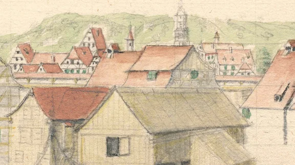 Im 18. Jahrhundert war der Wehrgang der Haalmauer offensichtlich überdacht; Ausschnitt aus einer farbigen Zeichnung von Siedehäusern im Haal, undat., wohl Mitte 18. Jahrhundert (StadtA Schwäb. Hall HA A 329)