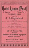 Anzeige des Hotels „Lamm-Post“ von 1901, aus : W. Burkhardt (Bearb.): Adreß- und Geschäfts-Handbuch der Oberamtsstadt Schwäbisch Hall, Schwäbisch Hall 1901, Inseratenanhang, S. 11 (StadtA Schwäb. Hall Bibl. 2947)