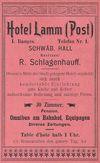 Anzeige des Hotels „Lamm-Post“ von 1901, aus : W. Burkhardt (Bearb.): Adreß- und Geschäfts-Handbuch der Oberamtsstadt Schwäbisch Hall, Schwäbisch Hall 1901, Inseratenanhang, S. 11 (StadtA Schwäb. Hall Bibl. 2947)