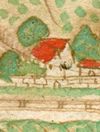Ausschnitt aus einer kolorierten Federzeichnung von Unterlimpurg in einer Haller Chronik, um 1600 (das Haus befindet sich auf der rechten Seite) (StadtA SHA 4/4. Bl. 10)