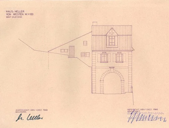 Westansicht des Tores vor Errichtung des neuen Anbaus, 1969 (Baurechtsamt SHA, Bauakten)