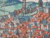 Ausschnitt aus der Ansicht Schwäbisch Halls in der „Kosmographie“ von Georg Braun und Franz Hogenberg, um 1580. Das „Widmanhaus“ könnte das Gebäude direkt rechts neben der Jakobskirche mit dem Stufengiebel sein (StadtA SHA S10/0508)