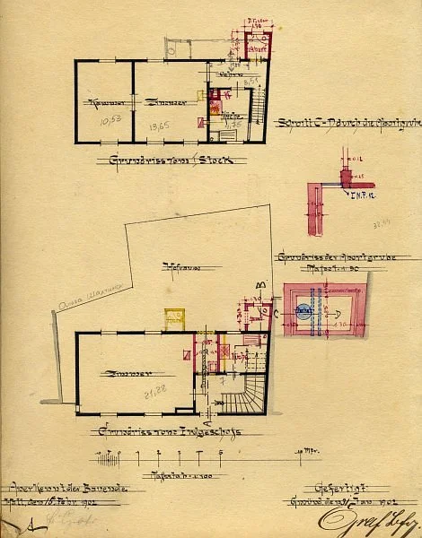 Grundrisse von Erdgeschoss und erstem Stock im Zusammenhang mit dem Abortanbau, 1902 (StadtA SHA 27/444)
