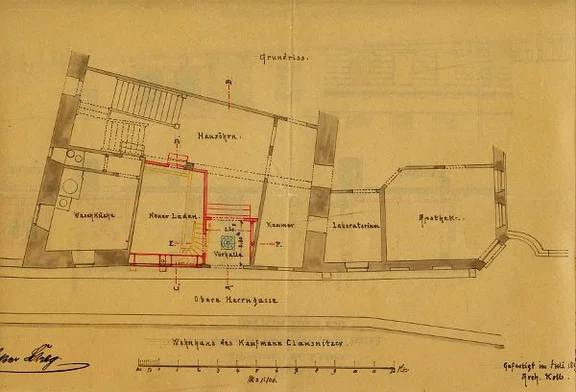 Grundriss zum Einbau eines Ladenlokals (homöopathische Abteilung) im Erdgeschoss des Altbaus zur Oberen Herrngasse hin, 1891 (Baurechtsamt Schwäb. Hall, Bauakten)