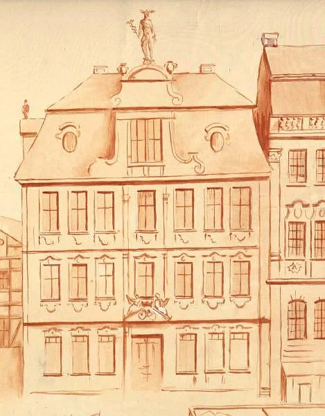 Ausschnitt aus einer Ansicht des Marktplatzes nach 1735. 1903 durch den Haller Maler Gottfried Schmidt gefertigte Nachzeichnung einer im Rathaus freigelegten und heute nicht mehr existierenden Freskomalerei von Johann Michael Roscher (StadtA Schwäb. Hall 16/0157)