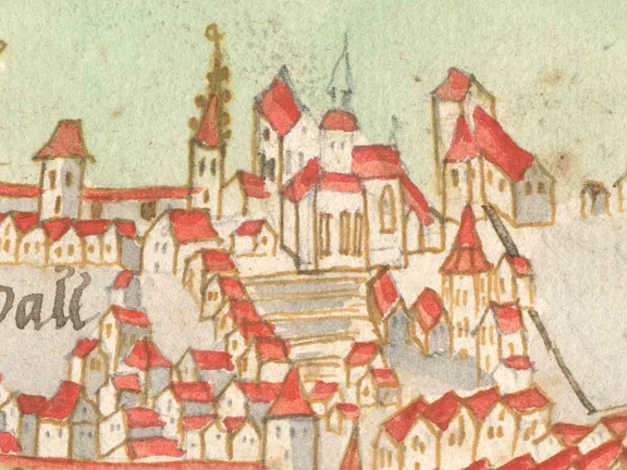 Ausschnitt aus einer kolorierten Federzeichnung der Stadt anlässlich der Tagung der „Union“ der protestantischen Reichsstände in Schwäbisch Hall, 1610 (StadtA Schwäbisch Hall HV HS 88)