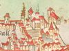 Ausschnitt aus einer kolorierten Federzeichnung der Stadt anlässlich der Tagung der „Union“ der protestantischen Reichsstände in Schwäbisch Hall, 1610 (StadtA Schwäbisch Hall HV HS 88)