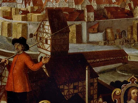 Der Rote Steg und der Rotstegturm auf der Stadtansicht von Hans Schreyer im Haalamt (Im Haal 2), 1643. Foto: Jürgen Weller, Fotograf (StadtA Schwäb. Hall CD 00 093)