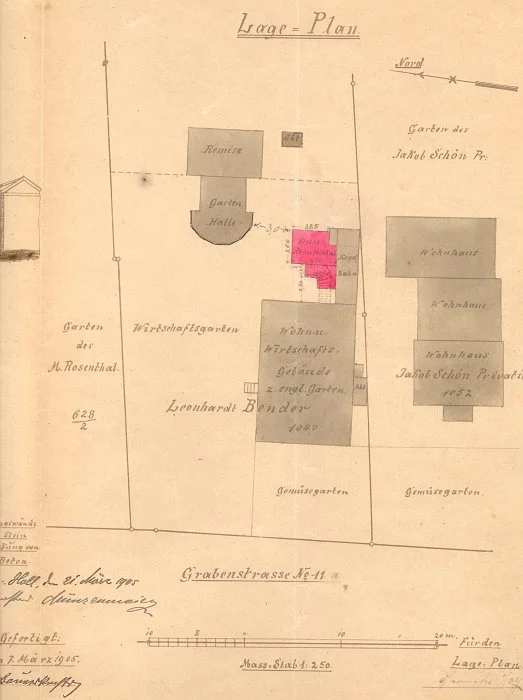 Lageplan zu rückseitigen Anbauten, 1905. Die "Trinkhalle" von 1905 ist mittlerweile teils abgebrochen, teils in eine "Remise" (Schuppen) umgewandelt (Baurechtsamt SHA, Bauakten Langer Graben 13 und 13/1)